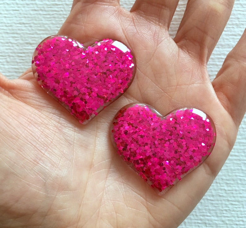 5 Glitter Print Heart Pink Flatback Kawaii Cabochon Embellishment Decoden Craft