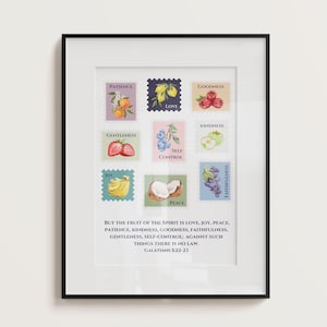 Collage de sellos de frutos del Espíritu, arte de pared: Gálatas 5:22-23, colección de sellos de frutas de estilo vintage/retro, póster de las Escrituras cristianas