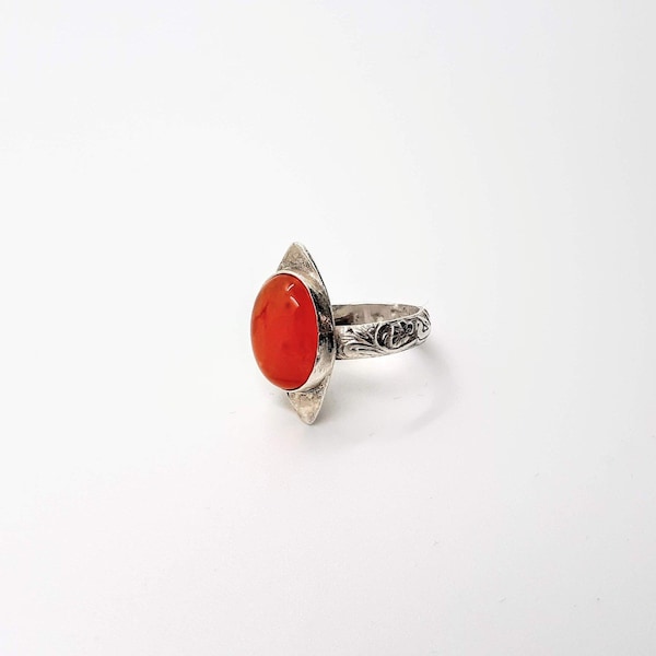 Carnelian and Silver Pinky Ring, size 5.5-5.75 - Autumn jewelry, orange gem, signet, midi band