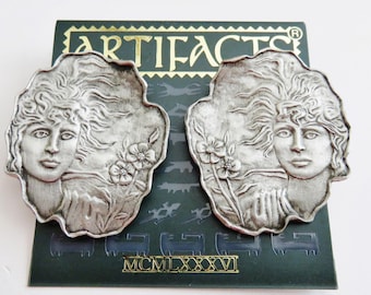 JJ Jonette Art Nouveau Woman With Windswept Flowing Hair Pierced Earrings