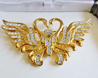 Vintage Nolan Miller Two Kissing Swans With Articulating Heart Brooch Pin/ BNIB