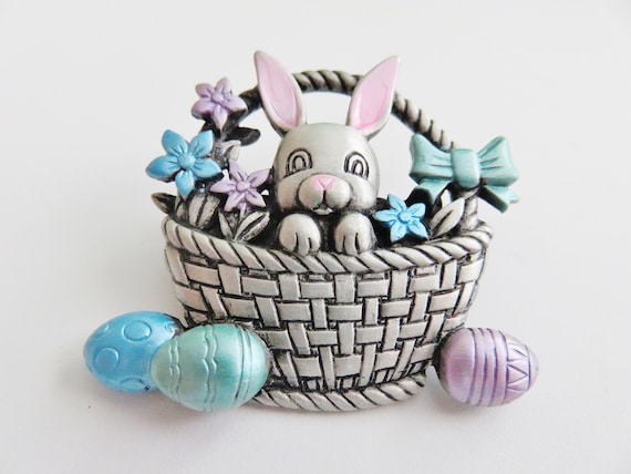 JJ Jonette Silver Pewter Easter Bunny In Basket W… - image 2