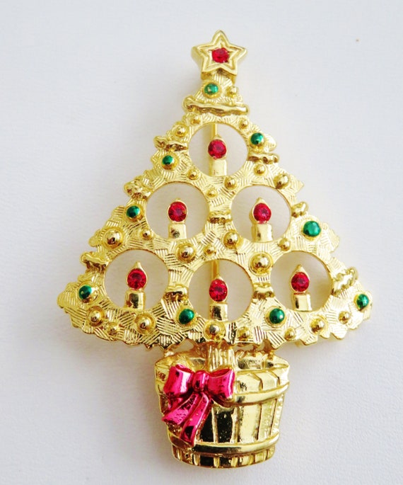 JJ Jonette Shiny Gold Tone Candle Christmas Tree … - image 2