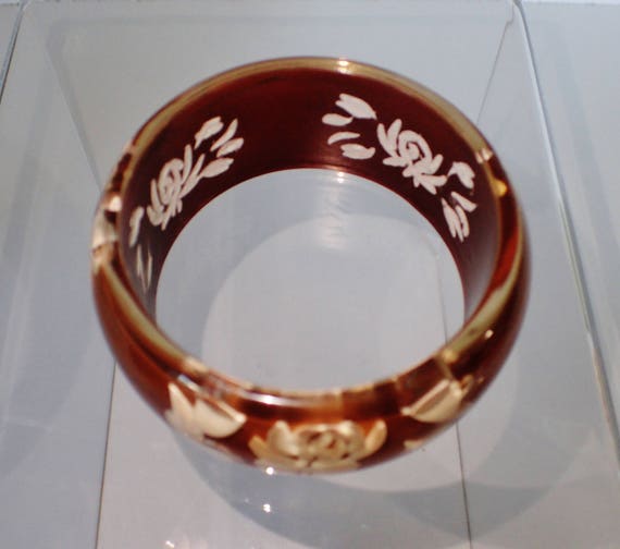 Vintage Reversed Carved Brown And White Bangle Br… - image 3
