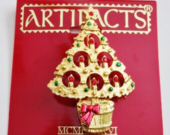 JJ Jonette Shiny Gold Tone Candle Christmas Tree With Bow Brooch