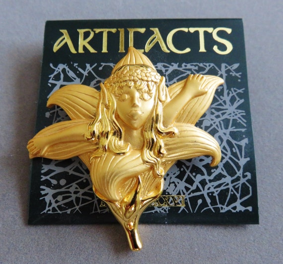 JJ Jonette Gold Tone Fairy Emerges From Jonquil Flower Brooch Pin/ Rare