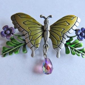 JJ Jonette Colorful Butterfly brooch with Purple Flowers And Dangling Gem