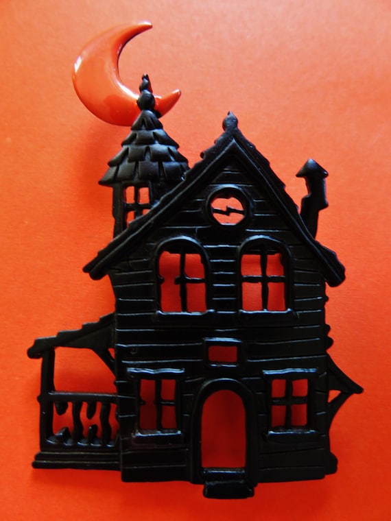 JJ Jonette Spooky Haunted Halloween House Brooch P