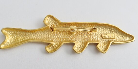 JJ Jonette Gold Tone Large Fish sturgeon Brooch Pin 
