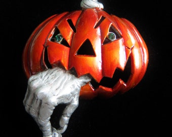 JJ Jonette Gorey Jack-O-Lantern With Hand Hanging Out Of His Mouth Brooch Pin