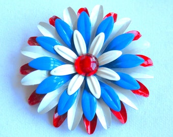 Flower Power 1960's Red White And Blue Patriotic Brooch