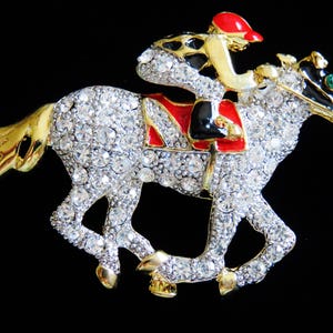 Vintage Rhinestone Jockey And Racehorse Off To The Finishline Brooch Pin