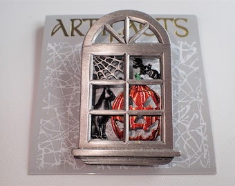 JJ Jonette Halloween Black Cat In Window Brooch