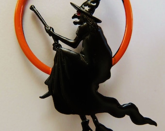 Rare/JJ Jonette Halloween Witch Riding Broomstick Brooch Pin/HTF