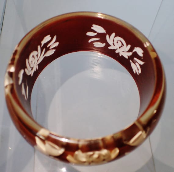 Vintage Reversed Carved Brown And White Bangle Br… - image 2