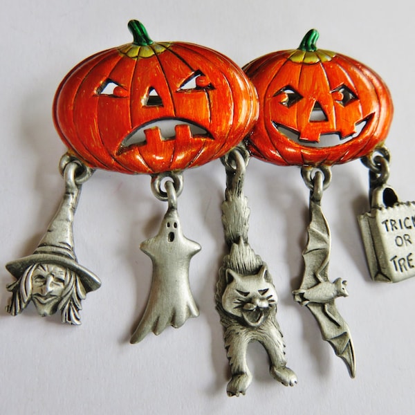 JJ Jonette Silver Pewter Two Pumpkins With Dangling Halloween Charms Brooch Pin