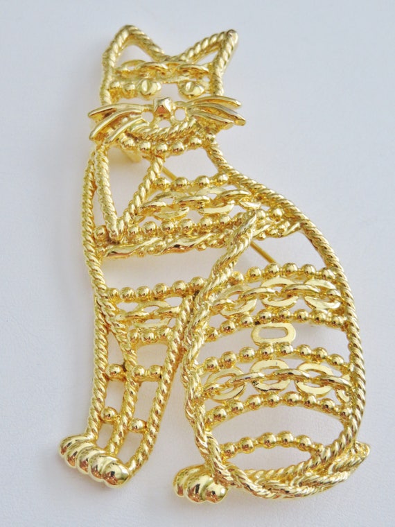 AJC  Gold Tone Filigree Cat Kitten Brooch Pin - image 4