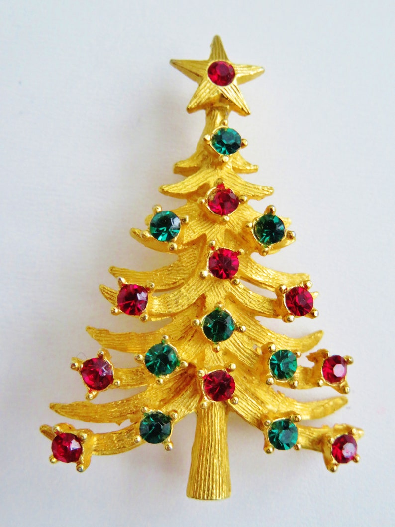 Designer Mylu Festive Dimensional Christmas Tree With Rhinestone Ornaments Brooch