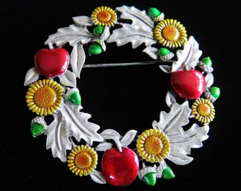 JJ Jonette Silver Pewter Autumnal Wreath Brooch Pin