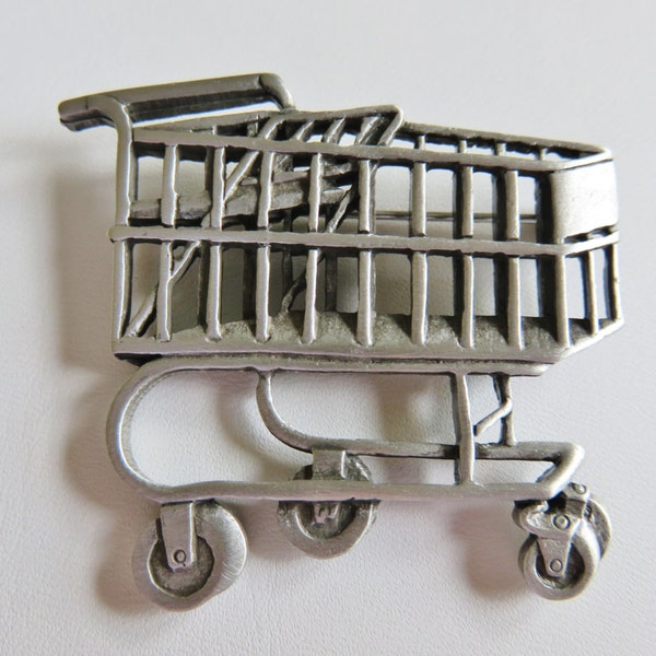 JJ Jonette Genuine Pewter Shopping Cart Brooch Pin