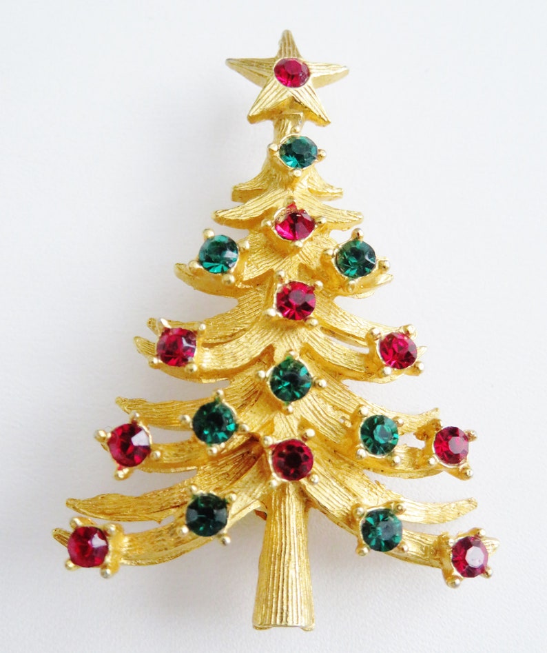 Designer Mylu Festive Dimensional Christmas Tree With Rhinestone Ornaments Brooch