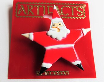JJ Jonette Red and White Star Shaped Santa Brooch