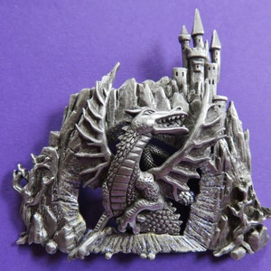 JJ Jonette Mythical Dragon Emerges From Cave Beneath Castle Brooch Pin