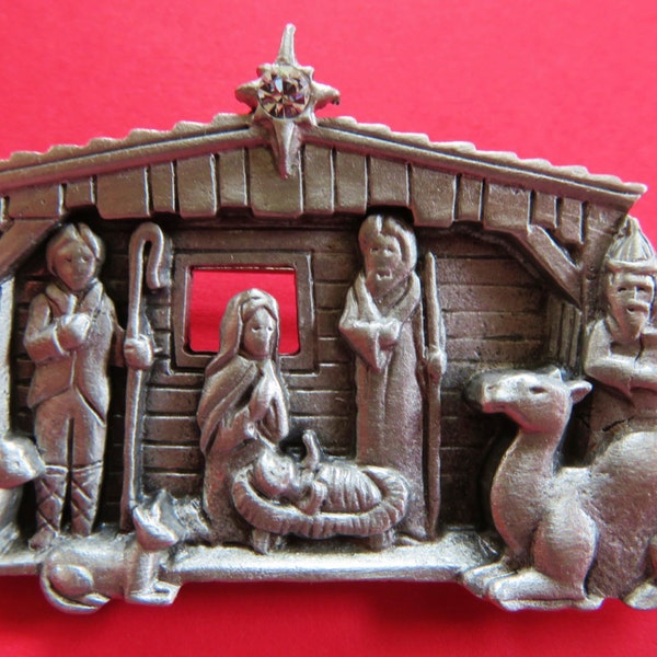 JJ Jonette Silver Nativity Scene Christmas Brooch Pin