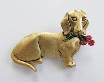 JJ Jonette Antique Gold Dachshund Holding Flower in Mouth Brooch Pin