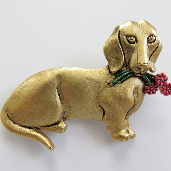 JJ Jonette Antique Gold Dachshund Holding Flower in Mouth Brooch Pin