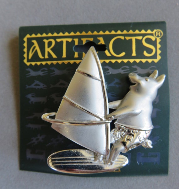 JJ Jonette Silver Pewter Windsurfing Pig Brooch P… - image 4