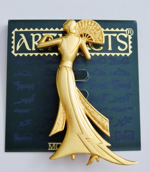 JJ Jonette Art Deco Gold Tone Elegant Lady In Gown