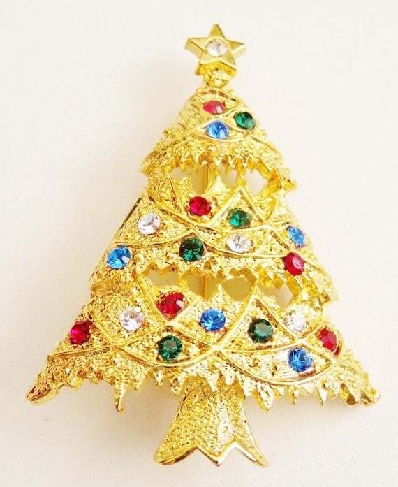 Eisenberg Ice Gold Tone Christmas Tree Brooch