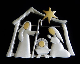 JJ Jonette Two Tone Pewter Nativity Scene Brooch Pin