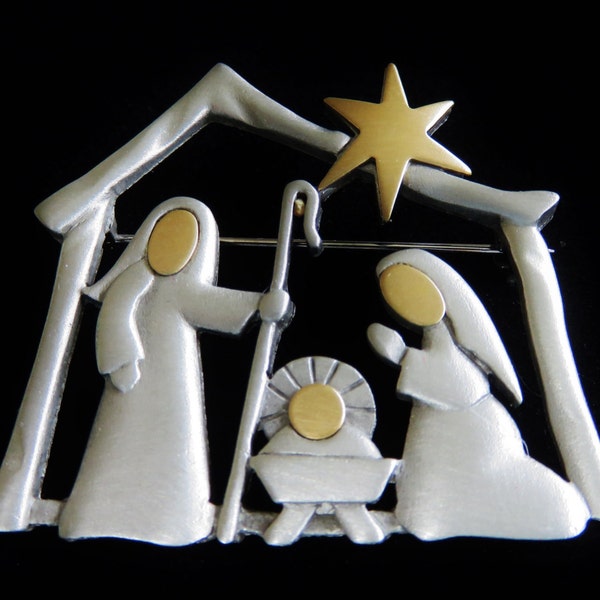 JJ Jonette Two Tone Pewter Nativity Scene Brooch Pin