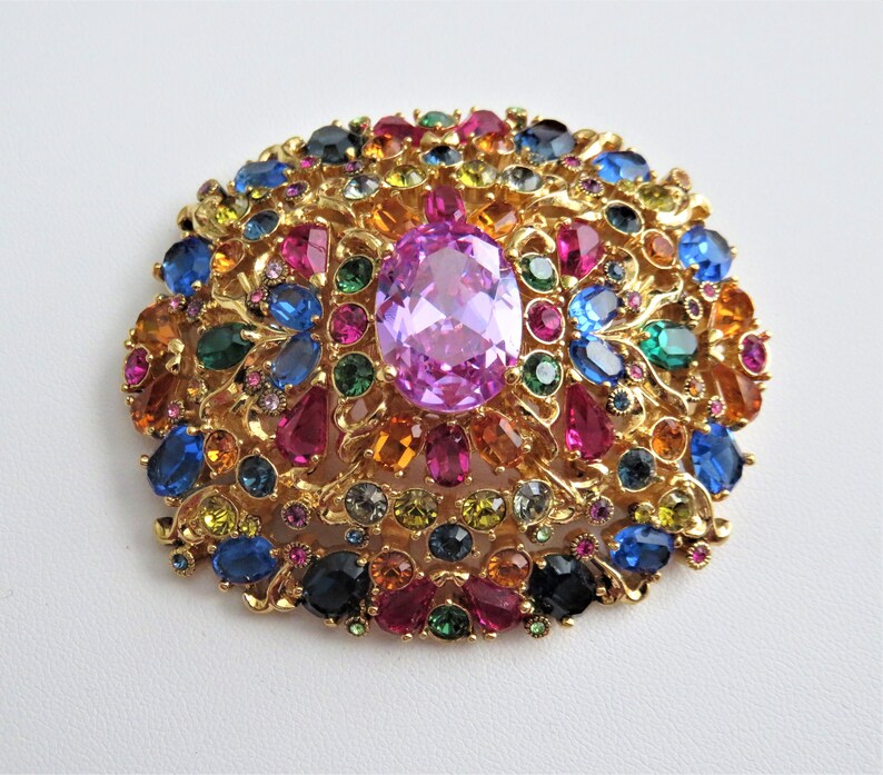 Vintage Joan Rivers Oval Spectacular Multi Colored Crystal Brooch