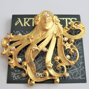 Hard To Find (Gold Tone) JJ Jonette Art Nouveau Woman With Flowing hair With Rhinestones Brooch Pin