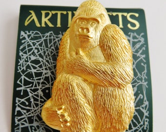 JJ Jonette Gold Tone Gorilla Ape Brooch Pin