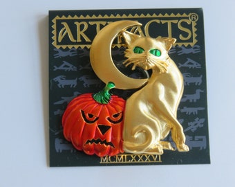 JJ Jonette Spooky Halloween Cat And Jack-o-Lantern Brooch Pin