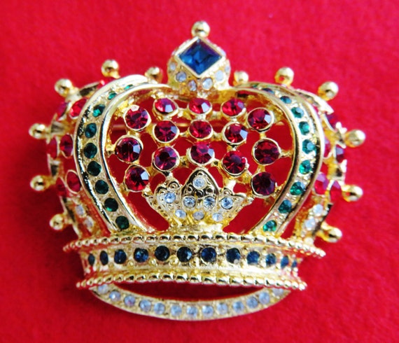 Stunning Brilliant KJL Crown Brooch Pin - image 2