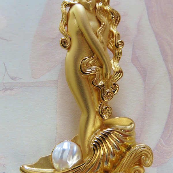 JJ Jonette Magnificent  Mermaid  Venus Emerging From Seashell with Pearl in Shell Pin