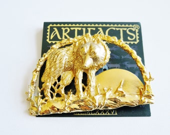 HTF/JJ Jonette Gorgeous 3-D Wolf With Moon Background Brooch Pin
