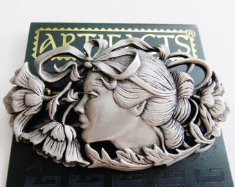 Stunning JJ Jonette Art Nouveau Beautiful Woman Portrait Brooch (Rare)