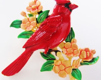 HTF/Vibrant Colored JJ Jonette Cardinal Bird On Floral  Branch Brooch Pin