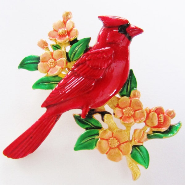 HTF/Vibrant Colored JJ Jonette Cardinal Bird On Floral  Branch Brooch Pin