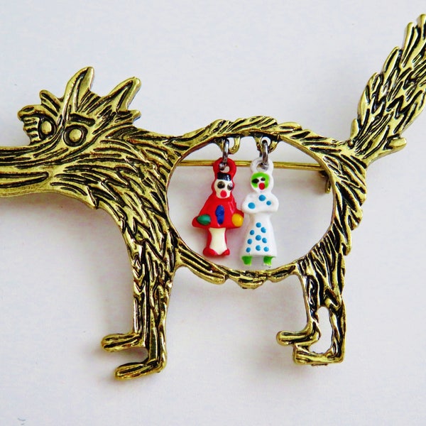 Whimsical Vintage Little Red Riding Hood Big Bad Wolf Brooch Pin