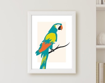 Blue Tropical Parrot Print, Minimalist Bird Wall Art (Digital Download)