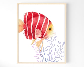 Tropical Fish Print, Orange Coral Reef, Coastal Art (Digital Download)