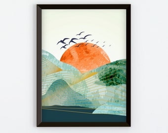 Printable Wall Art, Mountain Sunset Landscape, Mid-Century Modern, Bohemian Decor, Multi-size Digital Prints