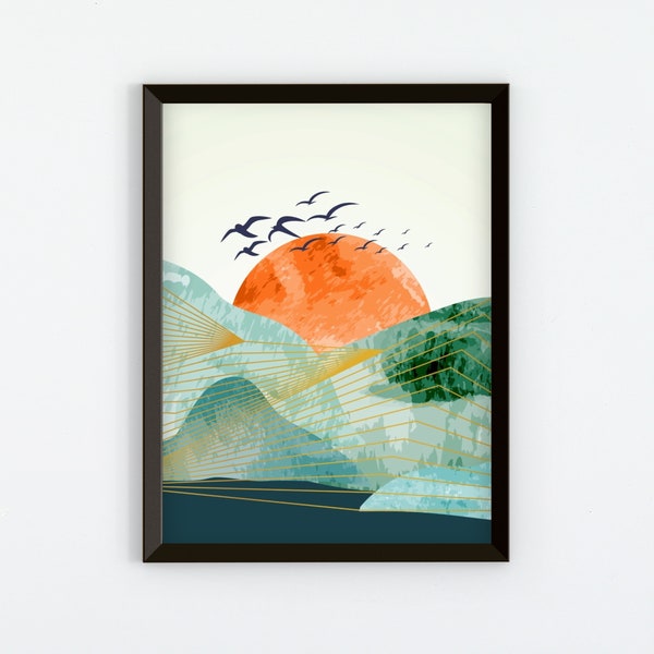 Printable Wall Art, Mountain Sunset Landscape, Mid-Century Modern, Bohemian Decor, Multi-size Digital Prints